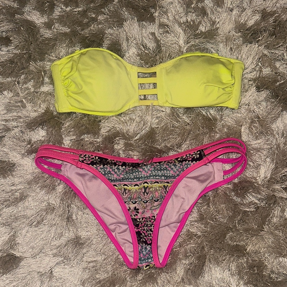 Victoria's Secret Neon Yellow Bandeau Top & Pink Trim Patterned Bikini Bottoms